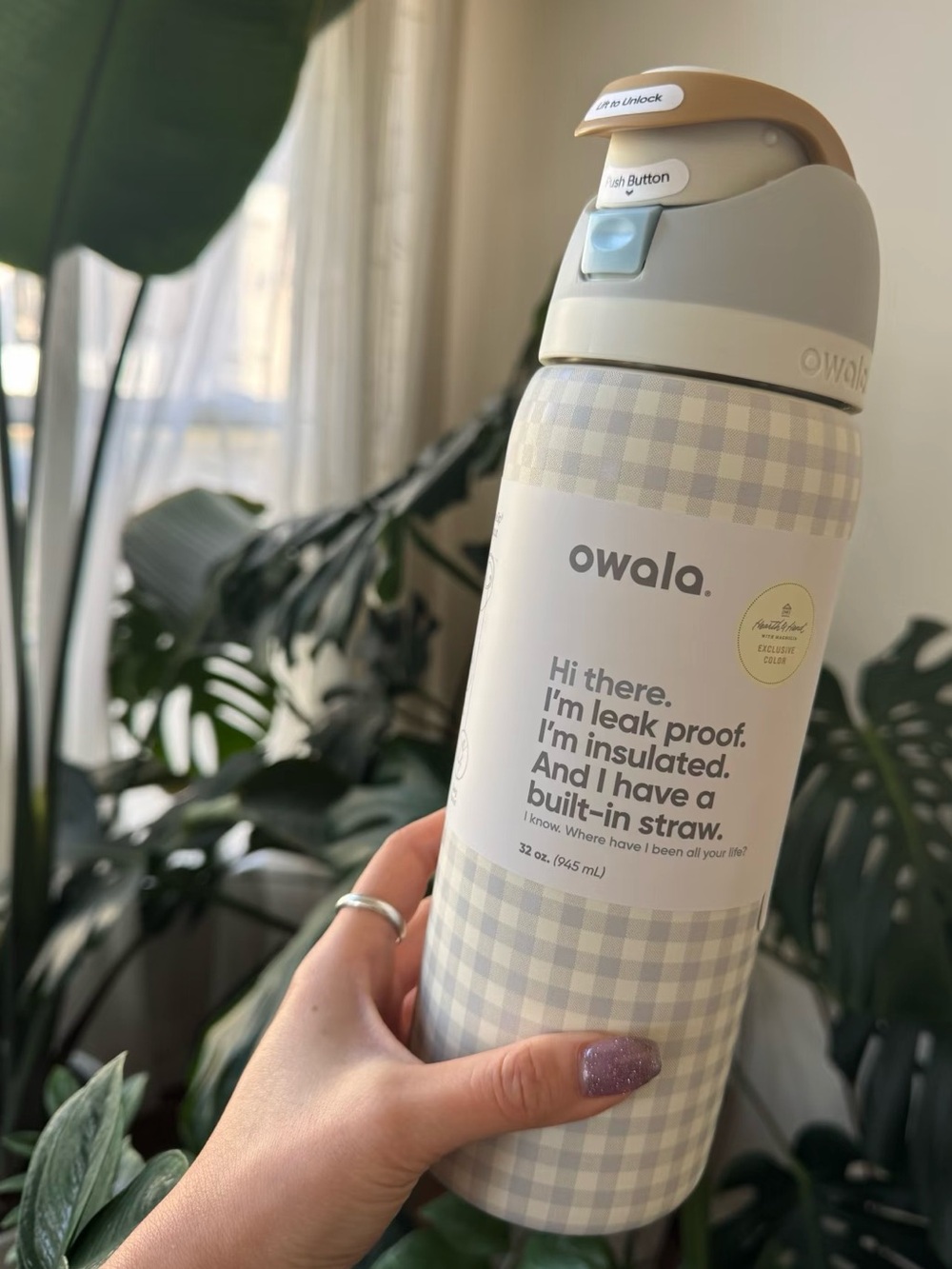 owala Cream Gingham Insulated Water Bottle with Built-In Straw